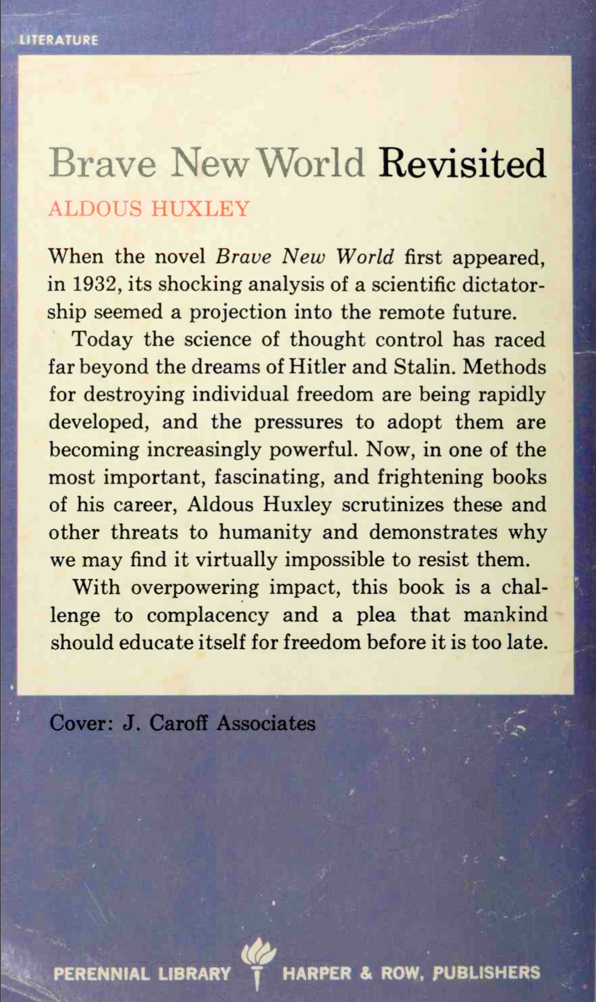 Back cover of Brave New World Revisited (1958) by Aldous Huxley